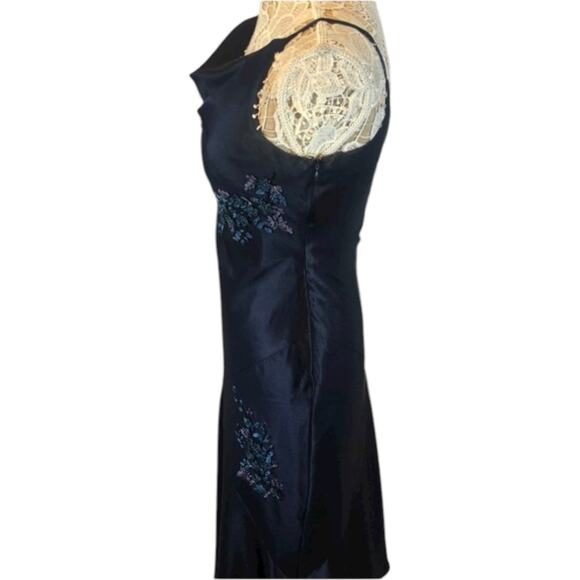 Y2K Alex Evenings navy beaded slip cowl neck floral satin formal Gown small - Picture 8 of 16